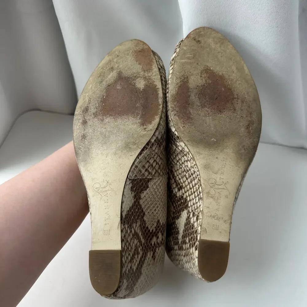Ivanka Trump (8.5) Neutral Snakeskin Open Toe Sandal Wedge Heels